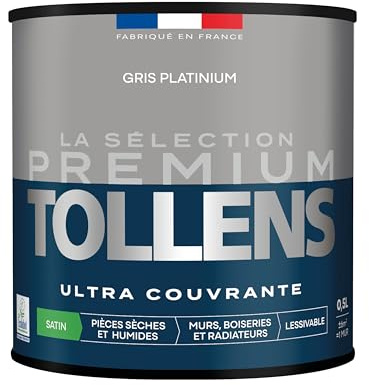 Tollens - Peinture Couleur - Murs, Boiseries & Radiateurs - La Sélection Premium - Pièces sèches et humides - Ultra couvrante, résistante & rapide - Ecolabel - Satin - GRIS PLATINIUM - 0L5 = 6m²