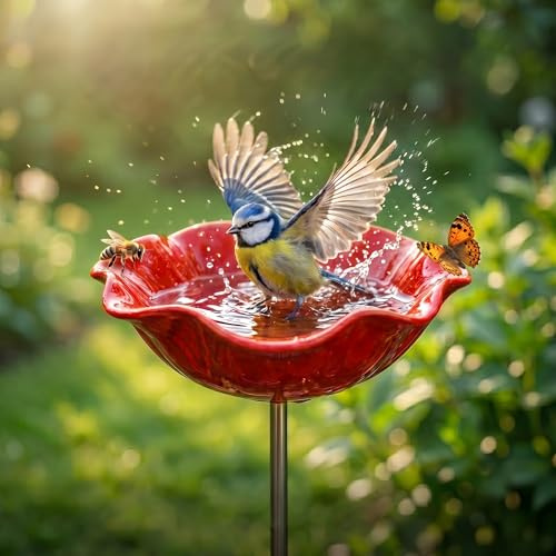 Futterstation Vögel,Vogeltränke Metall,Insektentränke Blumes Für Den Garten,Vogeltränke Winterfest Gartenstecker,Bienentränke Gartens Für Bienens,Futterschale, Für Rase (B-Rot)