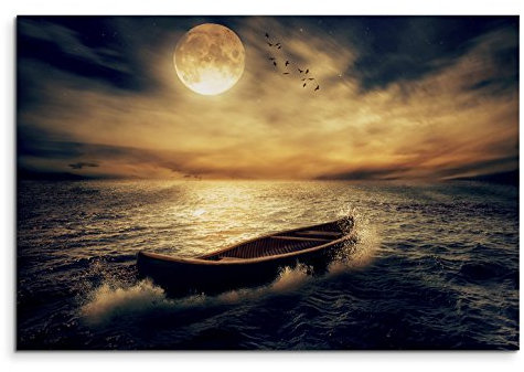 120x80cm Leinwandbild auf Keilrahmen Ozean Holzboot Wolken Nacht Mond Wandbild auf Leinwand als Panorama