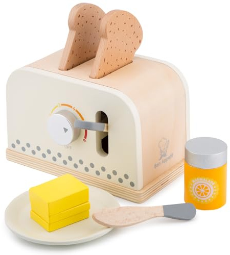 Woet® White Wooden Toy Toaster Set for Kids - Pretend Play Breakfast Toy - With Toast and Accessories - Age 3 Years+