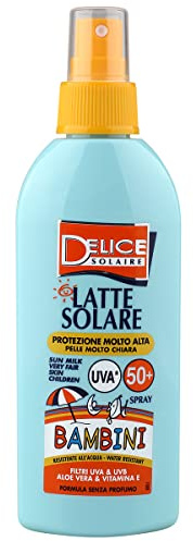 Delice Solaire Latte Solare Spray per Bambini, Protezione Molto Alta SPF50, Protezione Solare Resistente all'Acqua, Per Pelli Molto Chiare, Filtra UVA/UVB, Dermatologicamente Testata - 150 ML