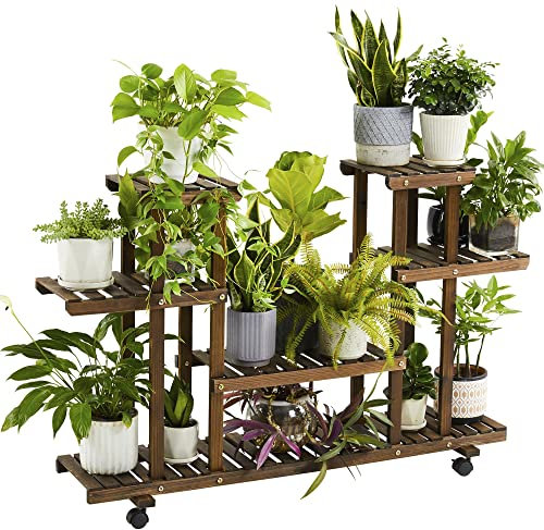 Yaheetech Pflanzenregal mit Rädern, Vierstufiges Blumenregal Balkon, Blumenständer, Blumentreppe, Massivholz, für Indoor & Outdoor, 124 x 33 x 80 cm