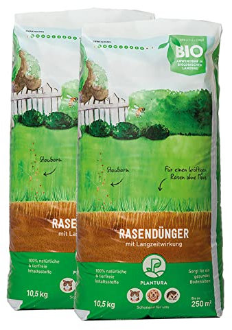 Plantura Bio-Rasendünger Frühjahr/Sommer, 100% organischer Langzeitdünger für sattgrünen Rasen, 3 Monate Wirkung, gesunder Rasen verdrängt Moos & Unkraut, staubarmes Granulat, 21 kg für 500 m²