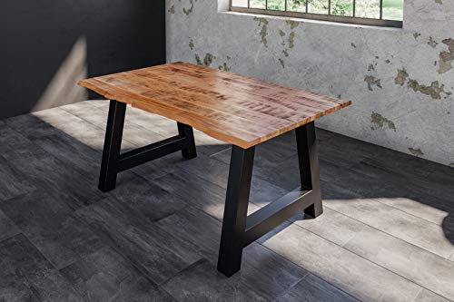 SAM Esstisch Dora 140 x 80 cm, Mangoholz massiv, lackiert & naturfarben, Baumkantentisch mit A-Metallgestell in Mattschwarz, echte Baumkante, 26 mm