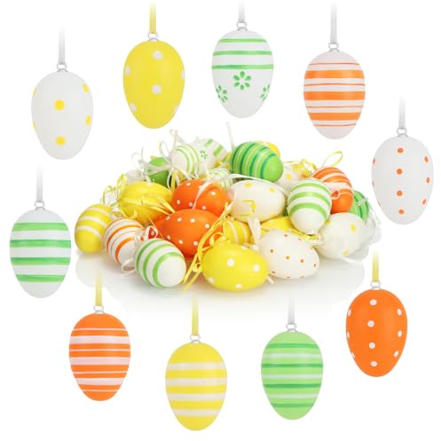 com-four® 36x handbemalte Ostereier zum Aufhängen, farbenfrohe Osterdeko | Deko Ostereier mit Schnur zum Aufhängen - Größe: 6 cm