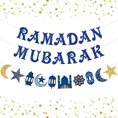 Bannière Mubarak Pailletée Bleue pour Ramadan et Eid - Décoration Musulmane Islamique pour Fête, Maison et Ramadan Kareem - Guirlande Étoile et Lune