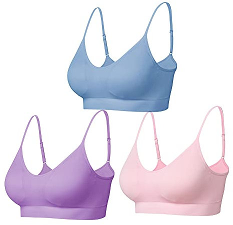 Comfyin Padded Bralette for Women Straps Sleep Bras Seamless Yoga Sport Bras 3 Pack (Pink+Blue+Purple,L)