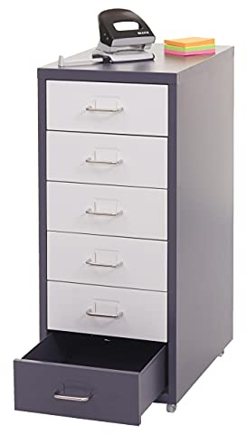 Mendler Rollcontainer Boston T851 69x28x41cm - dunkelgrau weiß-dunkelgrau | Schubladenschrank, Stahlschrank, 6 Schubladen