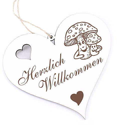 Herzlich Willkommen Schild - Pilz mit Gesicht - Deko Herz Holz Willkommensschild Türschild Dekoschild Türdeko