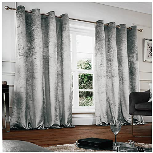 GC GAVENO CAVAILIA Grey Crushed Velvet Curtains 66 X 72, Pair Of Thermal Insulated Eyelet Ring Top Curtains, Lined Curtains For Bedroom, Living Room
