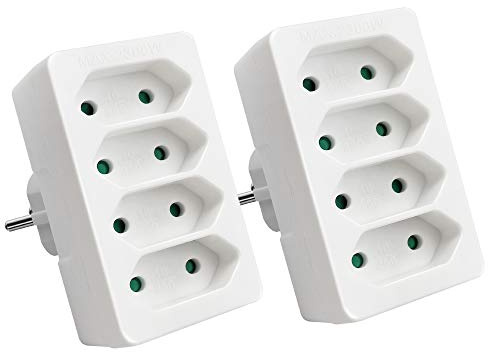 EXTRASTAR 4 en 1 Adaptador Plano con 4 Enchufes Schuko, 4 Tomas Adaptador, Hasta Carge 2300W, 10A, 250V, Blanco, 2 pcs