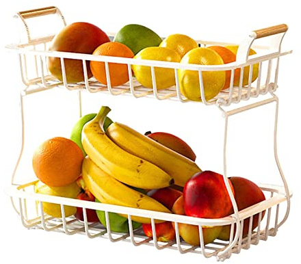 BestAlice Cesto Portafrutta a 2 Livelli per Piano di Lavoro della Cucina, Cestini per Il Pane Portafrutta Supporto per Verdure con Manico in Legno, Cesto in Filo Metallico Staccabile(Bianco)