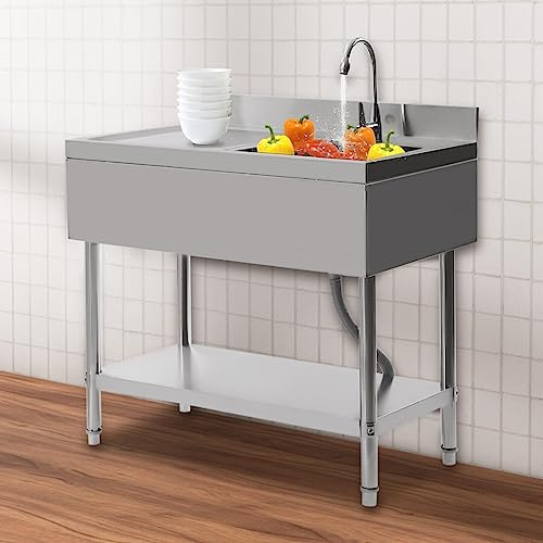 Freistehende Edelstahl Küchenspüle 1 Becken mit Wasserhahn Gastrospüle Restaurant Küche Bar Abtropffläche Freistehend Untere Ablage Spültisch 100 x 60 x 80cm