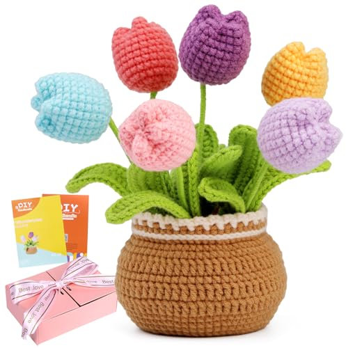 ENCHOL Beginner Crochet Kit, Complete Crochet Kits-Flower Bouquet Potted, Crochet Potted Flowers, Mother's Day Colorful Tulip Potted DIY Crochet Kits with Step-by-Step Video Tutorials
