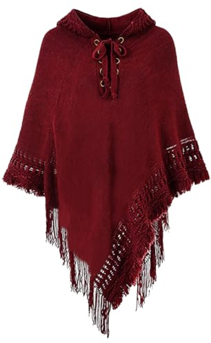 Rayson Poncho Cape Femme a Capuche Hiver Chaud Cape a Capuche Tricoté Poncho avec Franges col Rond et Ouvert Ponchos et Capes(Bourgogne,Taille Unique)