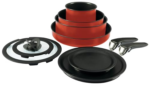 T-fal Ingenio Antihaft-Kochgeschirr-Set, 10-teilig, Induktion, ofenfest, 500 °C, Kochgeschirr, Töpfe und Pfannen, Wohnmobil, Camping, Ofen, Broil, spülmaschinenfest, abnehmbarer Griff, rot