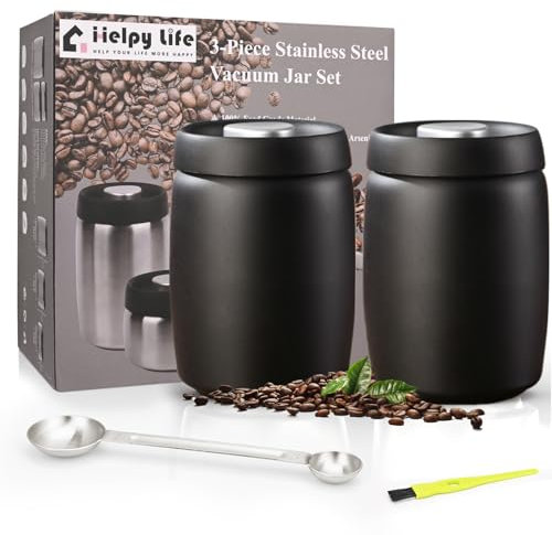 HelpyLife Vacuum Coffee Canister,Stainless Steel Food Storage Container Jar with Airtight Lid Seal,Perfect for Coffee Beans & Grounds,Loose Tea,Sugar,Spices (1200ml*2 Matte Black)