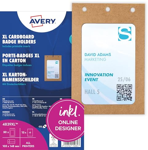 AVERY Zweckform 4839XL Namensschilder für Kleidung 50 Stück (148x105mm, A6 Namenschilder-Taschen inkl. 52 Stück blanko Einsteckschilder, Ausweishüllen aus Karton, Einsteckkarten bedruckbar) weiß