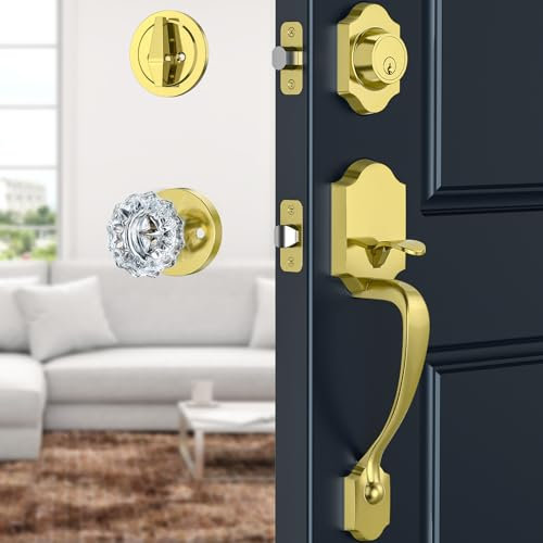 Calzibeno Türgriff und Riegel Set, Haustürschloss Set aus satiniertem Messing, mit Kristallglas-Türknauf, Außentürschloss-Set mit Einzylinder, wendbar für rechts & links, Gold