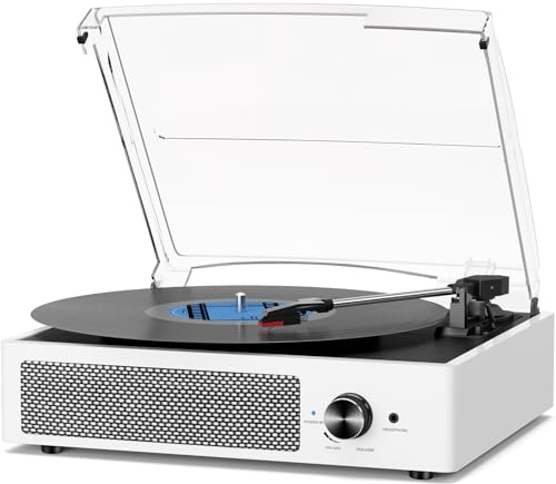 Kabelloser Bluetooth-Plattenspieler mit Lautsprechern für Vinyl-Schallplatten mit Riemenantrieb, 3 Geschwindigkeitsstufen, Kopfhörer, RCA-Line, Aux-Eingang für Player