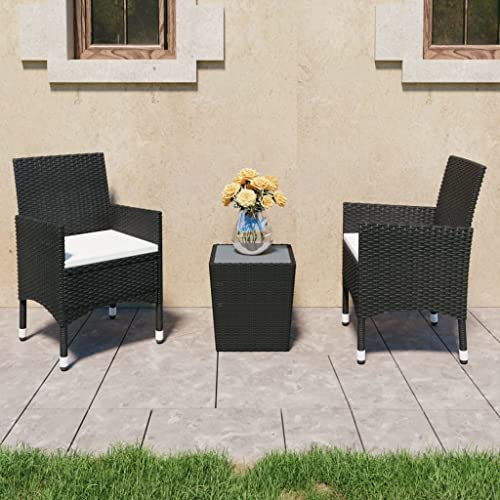 KATERYY 3-TLG. Bistro-Set Poly Rattan und Hartglas Schwarz,Elegantes 3teiliges BistroSet in Schwarz Gemütliches Gartenmöbel für Balkon, Terrasse und Außenbereich