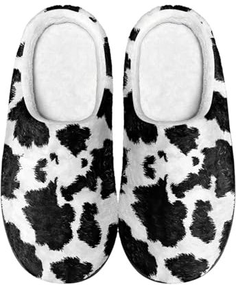 PAQGSREM Damen Indoor Winter Home Hausschuhe Herren Warme Hausschuhe Anti-Rutsch-Sandalen Leichte Frottee Hausschuhe, Kuhfell-Aufdruck, 9 UK Men/ 10 UK Women Wide
