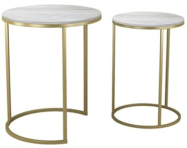 URBNLIVING Juego de mesitas auxiliares redondas apilables para sofá, mesa auxiliar de fresno blanco con patas doradas, moderno, ahorro de espacio, café, té, sala de estar