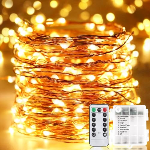 LED Lichterkette Batterie, 30M 300LEDs Außen Lichterketten Warmweiß Kupferdraht Batteriebetrieb Beleuchtung mit Fernbedienung 8 Modi Timer Wasserdicht für Innen Aussen Garten Terrasse Baum Weihnachten
