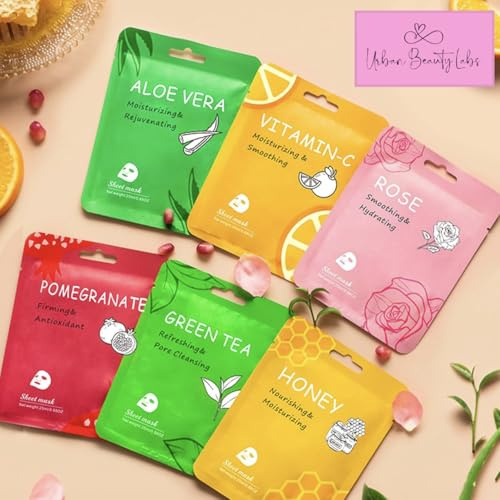 Hydrating Facial Sheet Mask Set – 18 Pack for Dry, Oily, Combination & Sensitive Skin – Aloe Vera, Vitamin C, Rose, Green Tea, Honey & Pomegranate – Moisturising, Soothing, Brightening