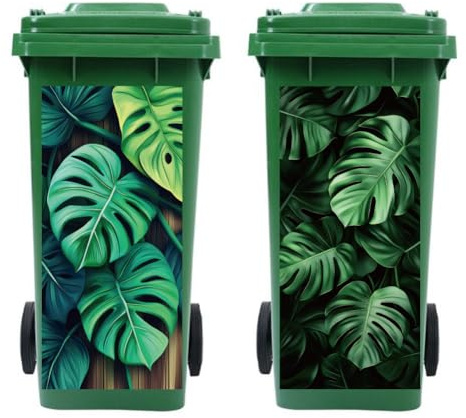 peacoblue Lot de 2 Stickers Poubelle Feuilles De Monstera Extérieure | 38x82 cm, Autocollants Décoratifs Jardin, Grand Format, Résistants aux Intempéries, Pour Poubelles Extérieures et Conteneurs