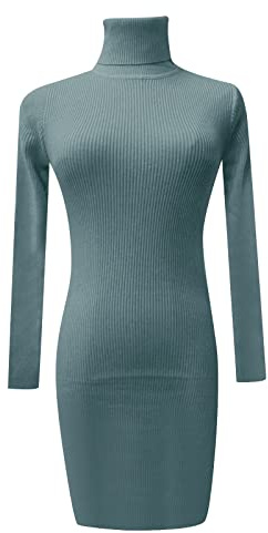 GOSTYLES® Women Ribbed Polo Neck Midi Dress - Ladies Knitted Long Sleeve Turtle Neck Bodycon Jumper Top (Blue, X-Large)