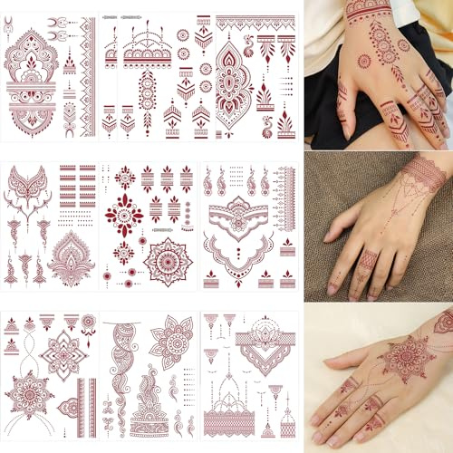9 Sheets Red Brown Tattoo Stickers Kit,Temporary Tattoos,Body Art Fake Stickers Waterproof Face Realistic Tattoo Sticker for Women Girls Parties,Festivals,and Everyday Use