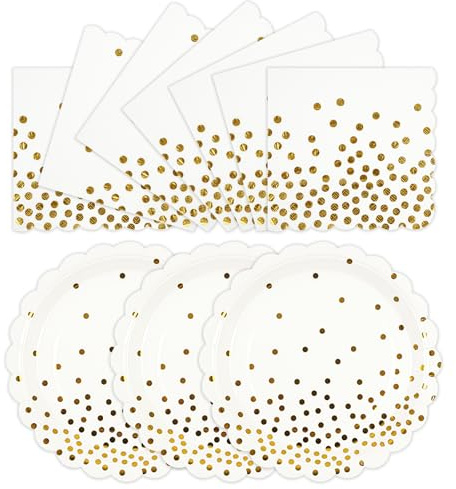 HFBOBP 50PCS White and Gold Paper Plates and Napkins Party Supplies, 7 Inch Scalloped Dot Paper Dessert Cake Plates and Napkins Disposable Tableware Set for Birthday Baby Shower Decorations
