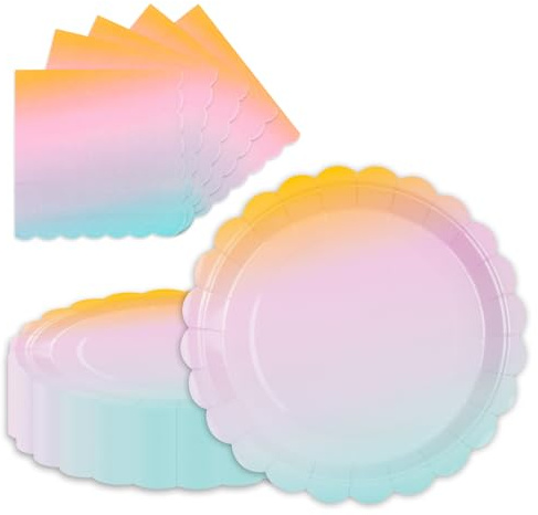 LDFDRT Vaisselle de fête d'anniversaire, assiettes en carton et serviettes, 23 cm, 20 pièces et serviettes de fête en papier, pour mariage, jardin, décoration (arc-en-ciel)