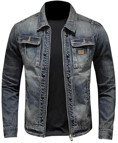 YOSUWOAI Chaqueta vaquera vintage para hombre con cremallera, cuello alto, estilo motero, corte ajustado, chaqueta clásica de camionero en diseño vaquero, chaqueta informal de moto, chaqueta de