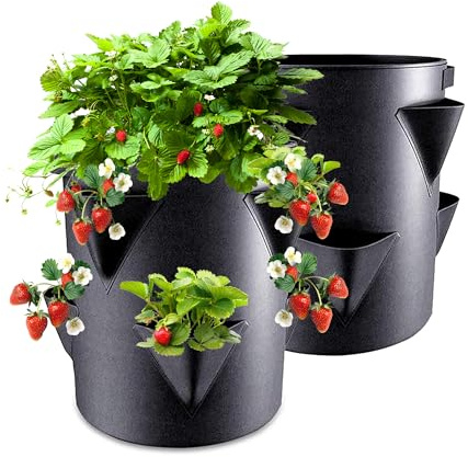 Shiawase 2 Stück Erdbeerturm zum Pflanzen, Erdbeertopf Mit 6 Seitentaschen Pflanzgefäßen, Erdbeerpflanzentasche Mit Griff, Pflanzsack Hängend für Erdbeeren Knoblauch Zwiebeln Kräuter