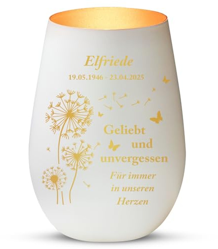 Love Faith personalisiertes Trauerlicht - Unvergessen - weiß/Gold | Mattiertes Teelichtglas - Graviere Namen & Datum - Stimmungsvolles Trauergeschenk & Erinnerungsstück