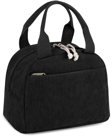 Kememo Insulated Lunch Bag for Women Men, Corduroy Packed Lunch Bag Reusable Cool Bags for School Work Picnic, Black