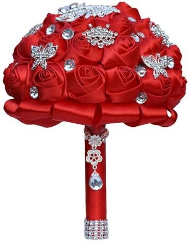 KUNYOS Bouquet de mariée Rouge, Roses artificielles en Ruban de Satin Fait Main, Bijoux en Argent et décoration Pendentif en Strass étincelant, idéal for Les Mariages et Les séances Photo