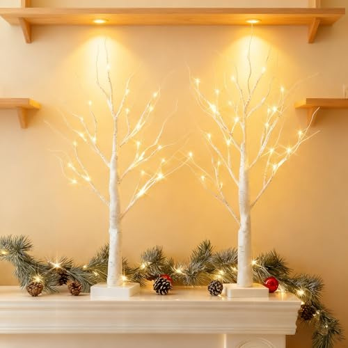Lichterbaum 2er Set LED Warmweiß – Weihnachtsdeko & Lichterzweige in Birkenoptik, Batteriebetriebene Deko Baum für Innen, Tischdeko zu Weihnachten, Hochzeit, Geburtstag, Flur Deko, Wohnzimmer