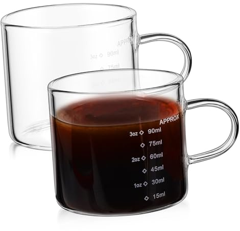 LIGIGWASH 2 piezas Vasos Medidores de Vidrio para Espresso con Precisa Taza Pequeña Versátil para Café Té y Yogur Resistente y para Hogar Oficina y Viaje