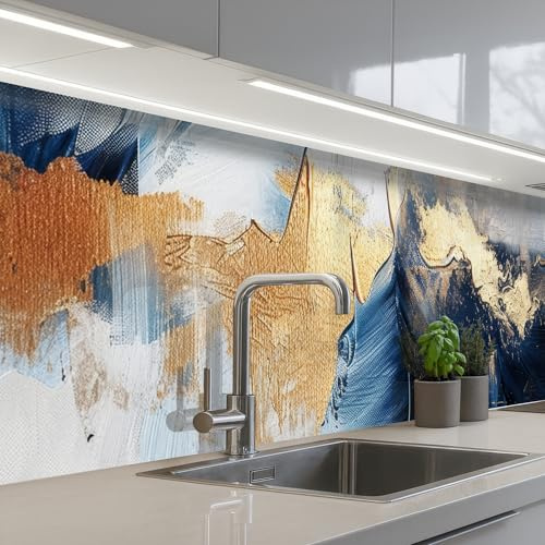 KitchenYeah© Paraschizzi Cucina Adesivo Pannello Parete Paraspruzzi | 60x250 cm - Lavandino Decorativo Oro - Blu - Acquerello - Arte - Moderno