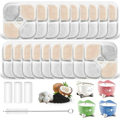 YeeQo 18 Filtros Fuente Gatos y 3 Mangueras para Catit Pixi (2,5L) | Compatibles con Catit 43722 y 43717, Sistema de Triple Filtración con Carbón Activado y Resina, Filtro de Alta Eficiencia