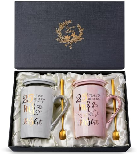 25 Anni Matrimonio Regali - Nozze d’Argento, Idee 25° Anniversario Regalo per Coppia, Genitori e Amici, Tazze da Caffè in Ceramica da 414ml con Coperchi, Cucchiaini e Confezione Regalo Elegante