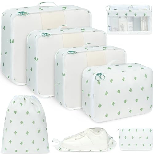 BAGAIL 8-Piece Packing Cubes Set, Travel Organizers with Breathable Mesh & Shoe Bag, Lightweight Nylon Packing Organisers for Luggage Suitcase, 9 Colors - Cactus