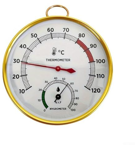 Misura la temperatura della sauna e i livelli di umidità con precisione utilizzando la tecnologia analogica e presenta un elegante design rotondo con finitura in metallo