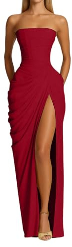 Generico Abito Lungo Donna Elegante Abiti Senza Maniche Casual Vestiti Senza Spalline Aderente Vestito con Spacco Abito Bodycon Tubino Aderente con Spaccatura per Cocktail Nozze (Red, M)
