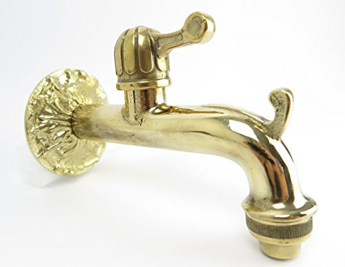 Garten Wasserhahn Drachenkopf Speier mit Wandrosette Drehverschluss Wandplatte Antik Jugendstil Gotik Gründerzeit Stil Nostalgie Wasseranschluss Messing Messinghahn Landhausstil gold golden Brunnen