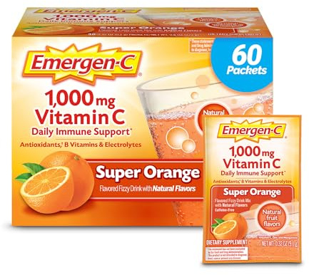 Emergen-C 1000mg Vitamin C Powder for Daily Immune Support Caffeine Free Vitamin C Supplements with Zinc and Manganese, B Vitamins and Electrolytes, Super Orange Flavor - 60 Count/2 Month Supply