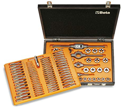 Beta 446/C110 - Surtido de machos y terrajas de acero al cromo y accesorios roscado métrico en caja de madera